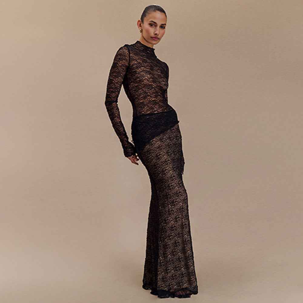 Summer Two Piece Sets Long Sleeve See through T shirt Slim Fit Sexy Skirt