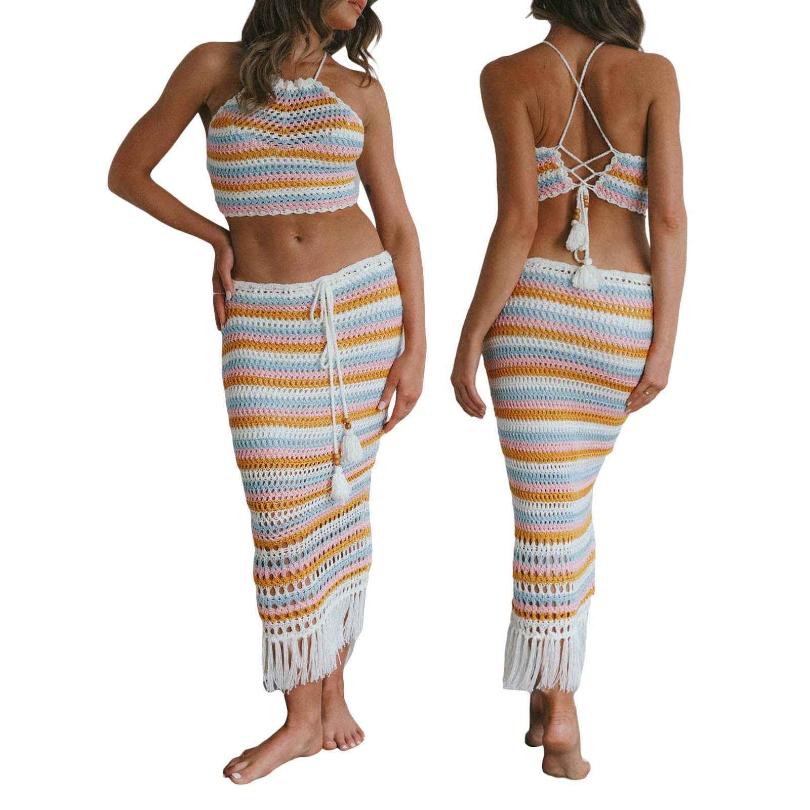 Women Clothing Summer Stripes Short Cropped Strap Vest Sexy Sheath Tassel Skirt Knitting Set
