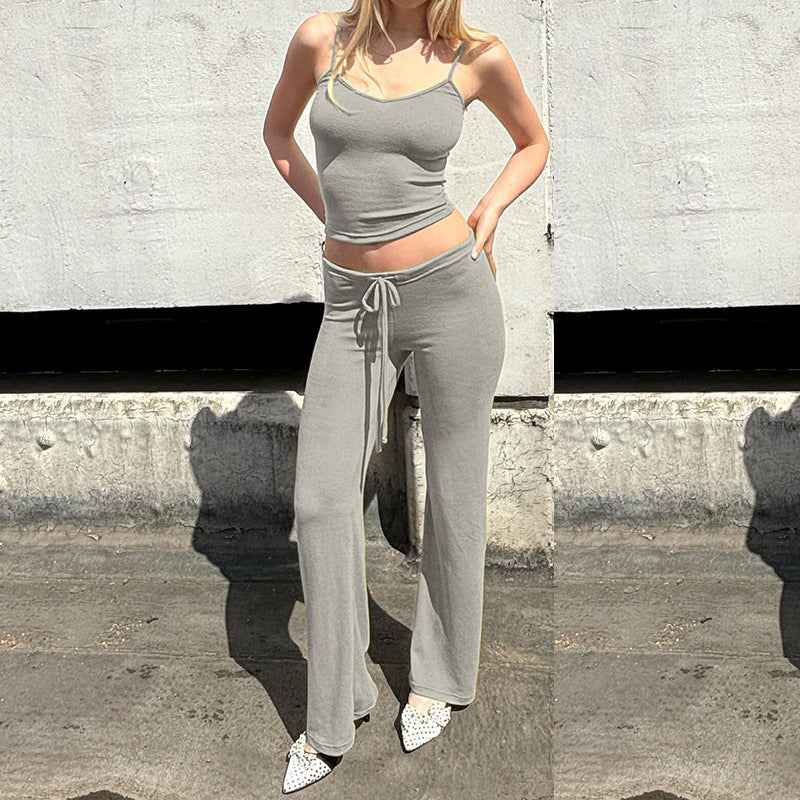 Casual Solid Color Vest High Waist Lace up Trousers Two Piece Set Home Wear Sports Women Clothing