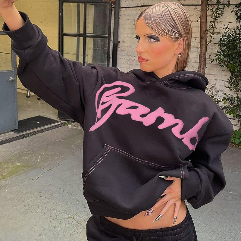 Women Clothing Autumn Winter Letter Graphic Printing Street Shooting Loose Long Sleeve Sweatershirt Women - ALZO