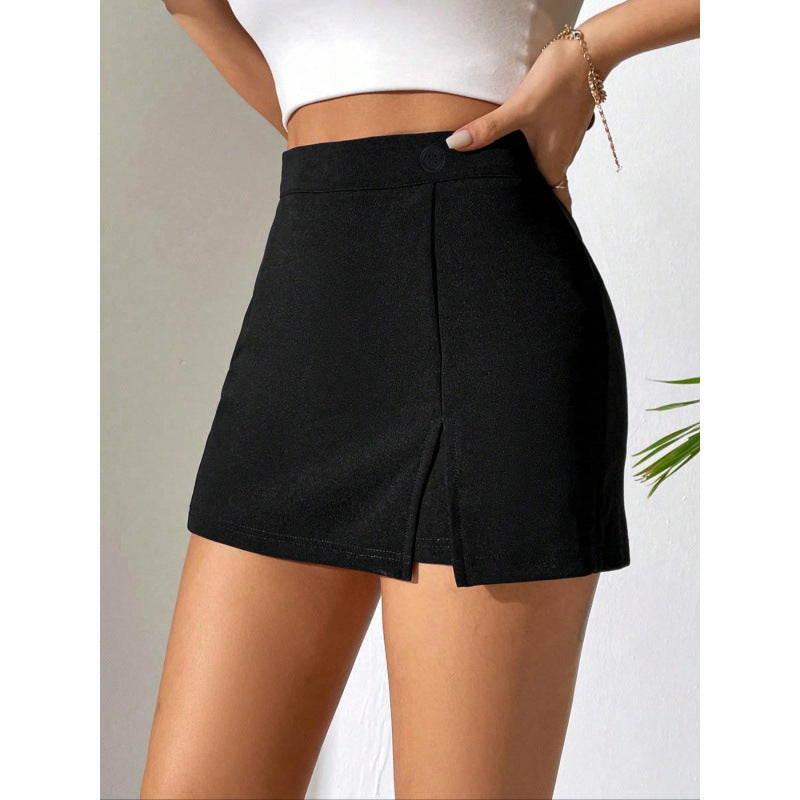 Solid Color Short Pantskirt Slim Fit Slimming Split Hem Short Shorts - ALZO