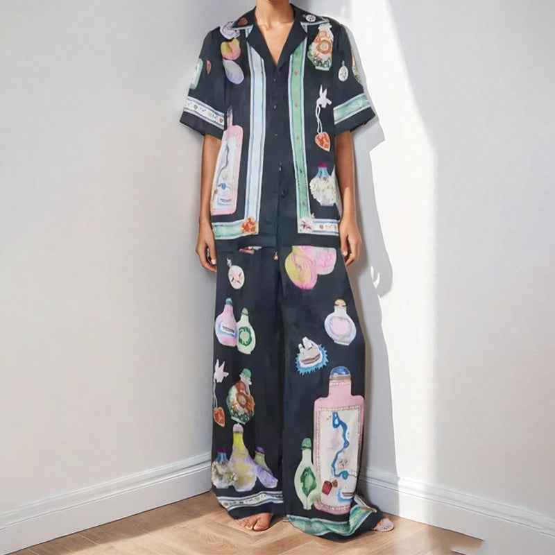 Women Clothing Personalized Printed Short Sleeved Cardigan Color Matching Vacation Casual Set Women