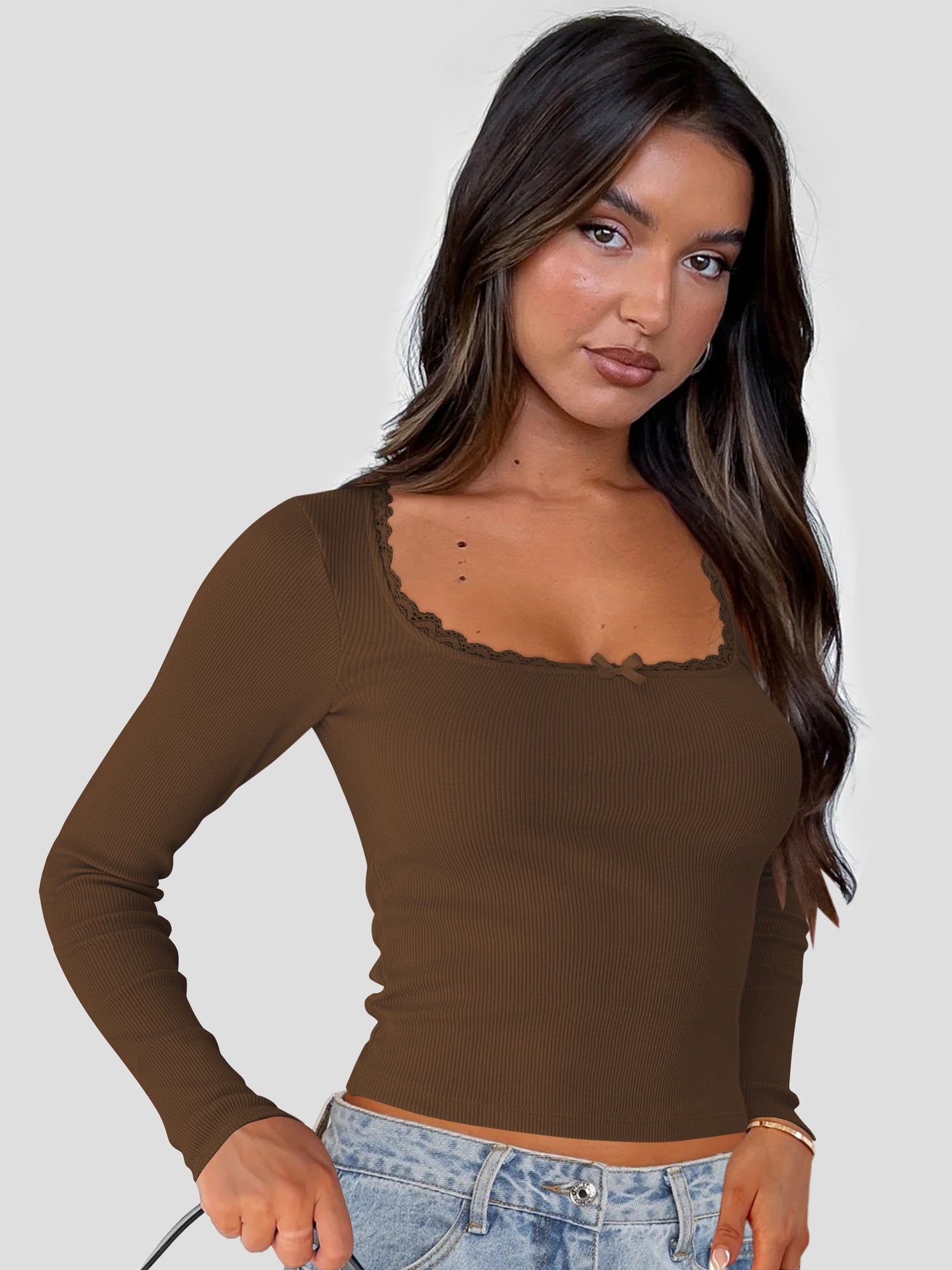 Long Sleeved T Shirt Women Brand Slimming Slim Lace Stitching Sexy Top U Neck Bottoming Shirt - ALZO