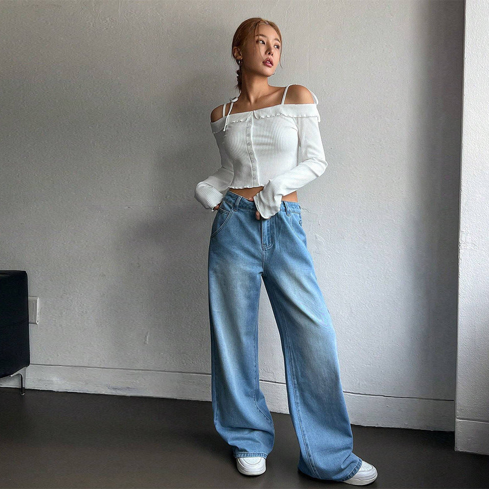 Women Clothing Simple Sweet T Shirt Autumn Winter Boat Collar Strap Short Long Sleeve Top - ALZO