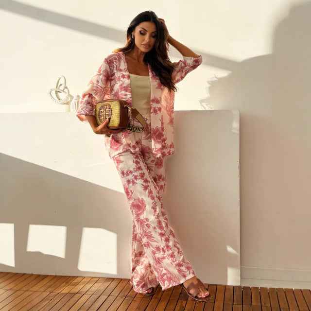 Supply Spring Women Casual Vacation Three Quarter Sleeve Trousers Two Piece Sets