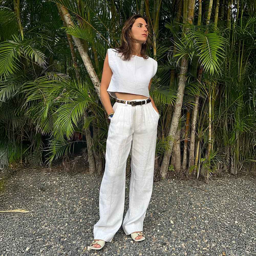 Linen Vest Pants Summer Sleeveless Vest Wide Leg Pants Casual Two Piece Sets