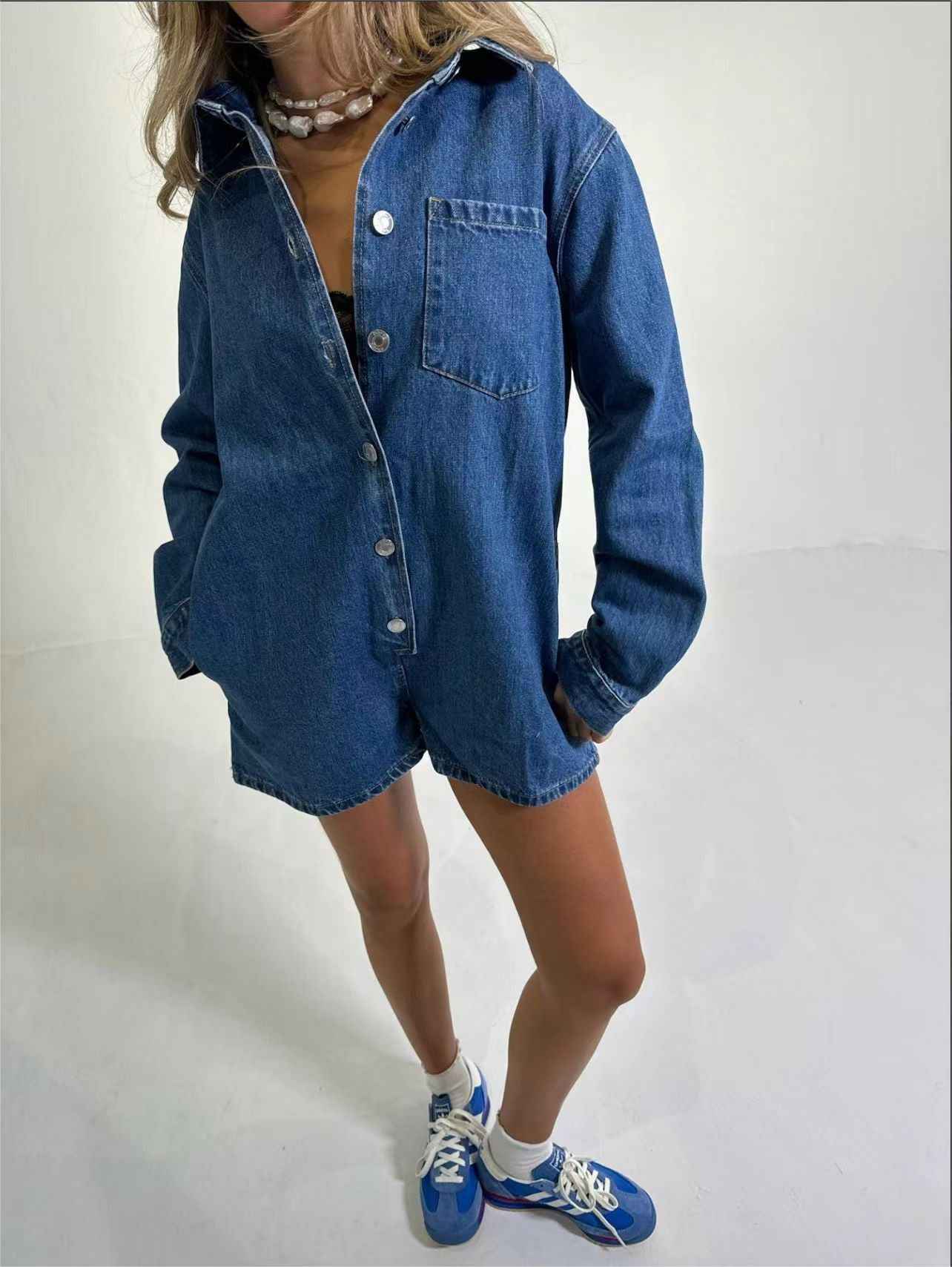 Fall Street Hipster Collared Long Sleeve Denim Jumpsuit