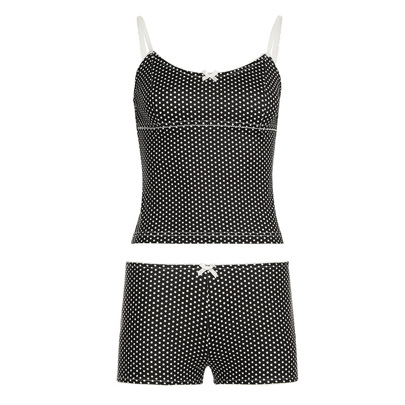 Summer Casual Street Polka Dot Printing Bow Cute Suspenders Top Shorts Basic Two Piece Sets - ALZO