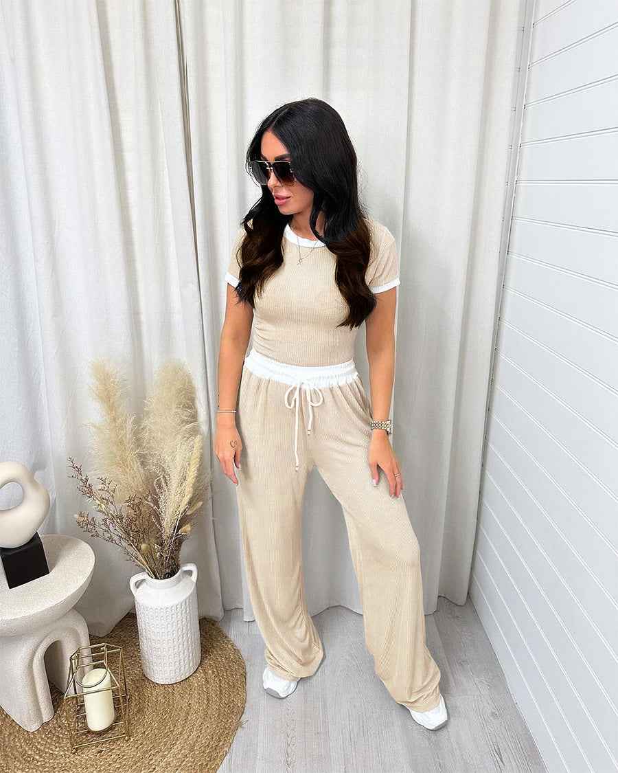 Spring Summer Round Neck Contrast Color Short-Sleeved Women Clothing Casual Wide Leg Pants Sports Suit