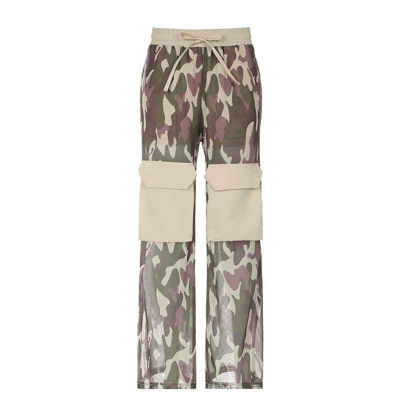 Women Clothing Mesh Large Pocket Camouflage Cargo Pants Elastic Waistband Lace up Double Layer Straight Casual Trousers