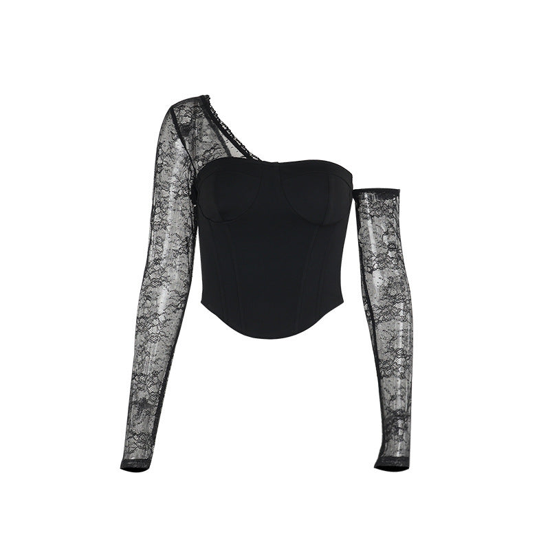 Autumn Sexy All Matching Slim Fit Oblique Shoulder Lace Stitching Coat Women - ALZO
