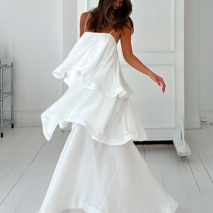 French Sleeveless White Satin Drape Women Dress Design Casual Cami Dress Tiered Dress - ALZO