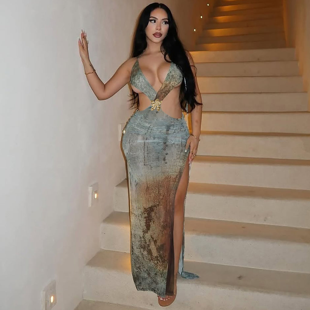 Women Summer Sexy Hollowed Printing Slim Fit Slit Dress - ALZO