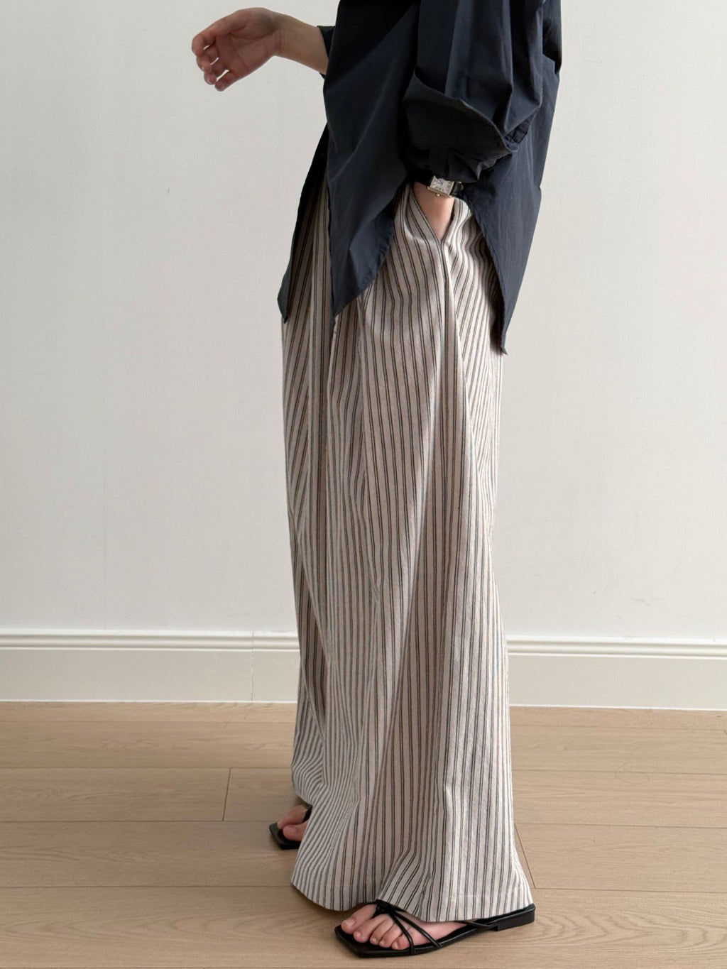 Simple Vertical Striped Casual Pants Women Summer Loose Feeling Loose Wide Leg Draggle Tail Trousers - ALZO
