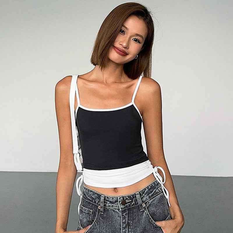 Sexy Sweet Spicy Contrast Color Pleated Sling Short Cropped Sexy Tight Slimming