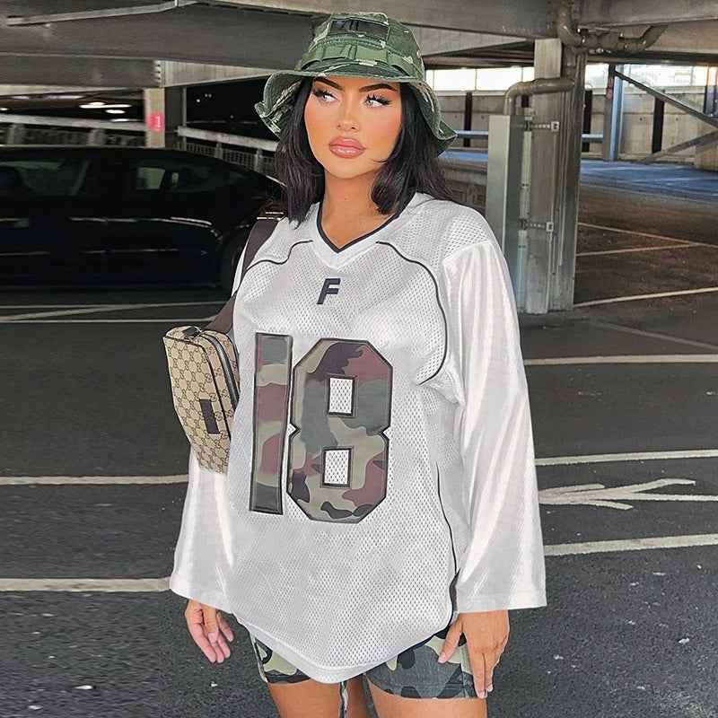 Street Numbers Camouflage Print Contrast Color V neck Loose T shirt Trendy Ball Uniform Casual Top