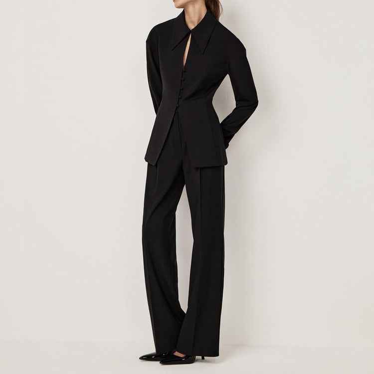 Black Sets Women Collared Long Sleeve Slim Jacket Casual Pants Office Two Piece Sets