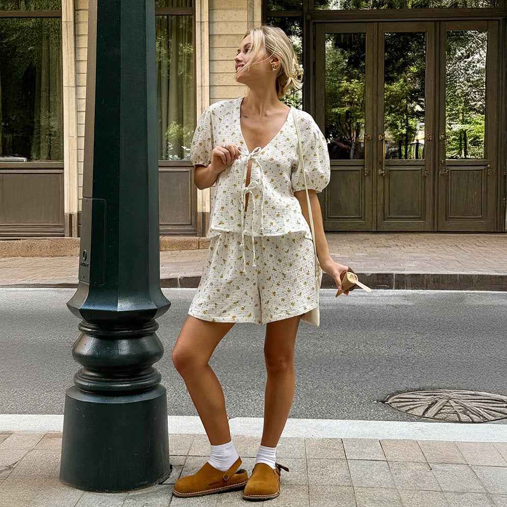 Cotton Print Short Sleeve Shorts Set Summer Lace up Puff Sleeve Loose Shorts Sets