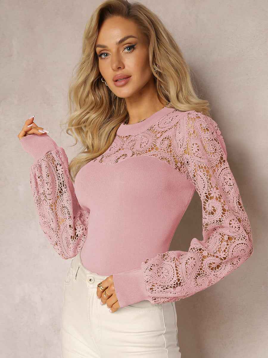 Patchwork Lace Women Commuting Wear High Grade Intellectual Hollow Out Cutout Out Long Sleeve Unique Chic T shirt