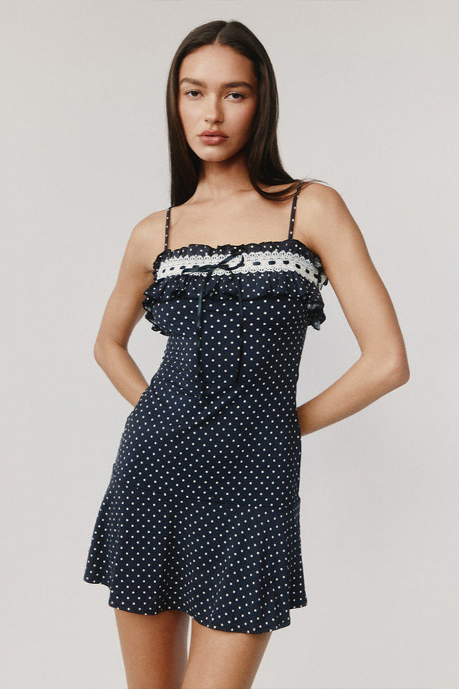 Spring Summer Sexy Slip Dress Women Stitching Lace Lace up Dress - ALZO