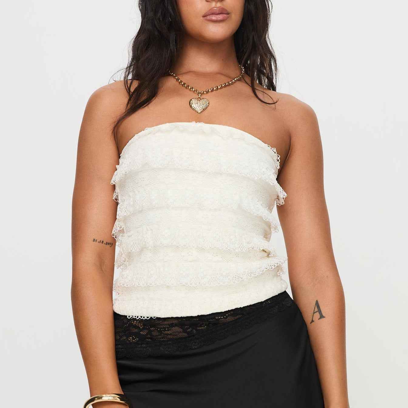 Sexy Lace Pleated Lace Solid Color All-Matching French Tube Top