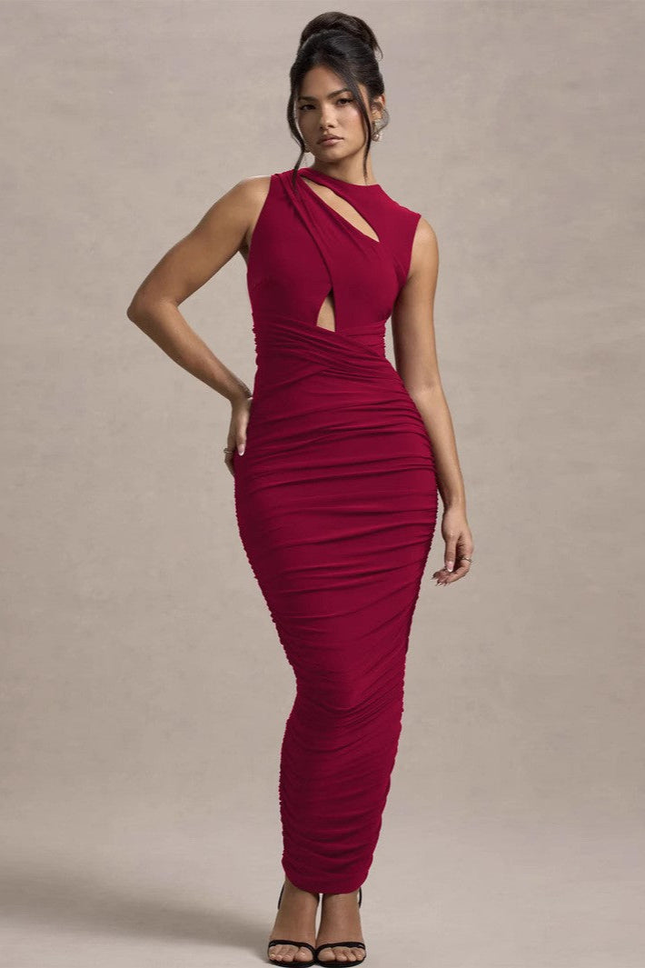 Autumn Winter Women Clothing Elegant Pleated Slim Sleeveless round Neck Sheath Dress - ALZO