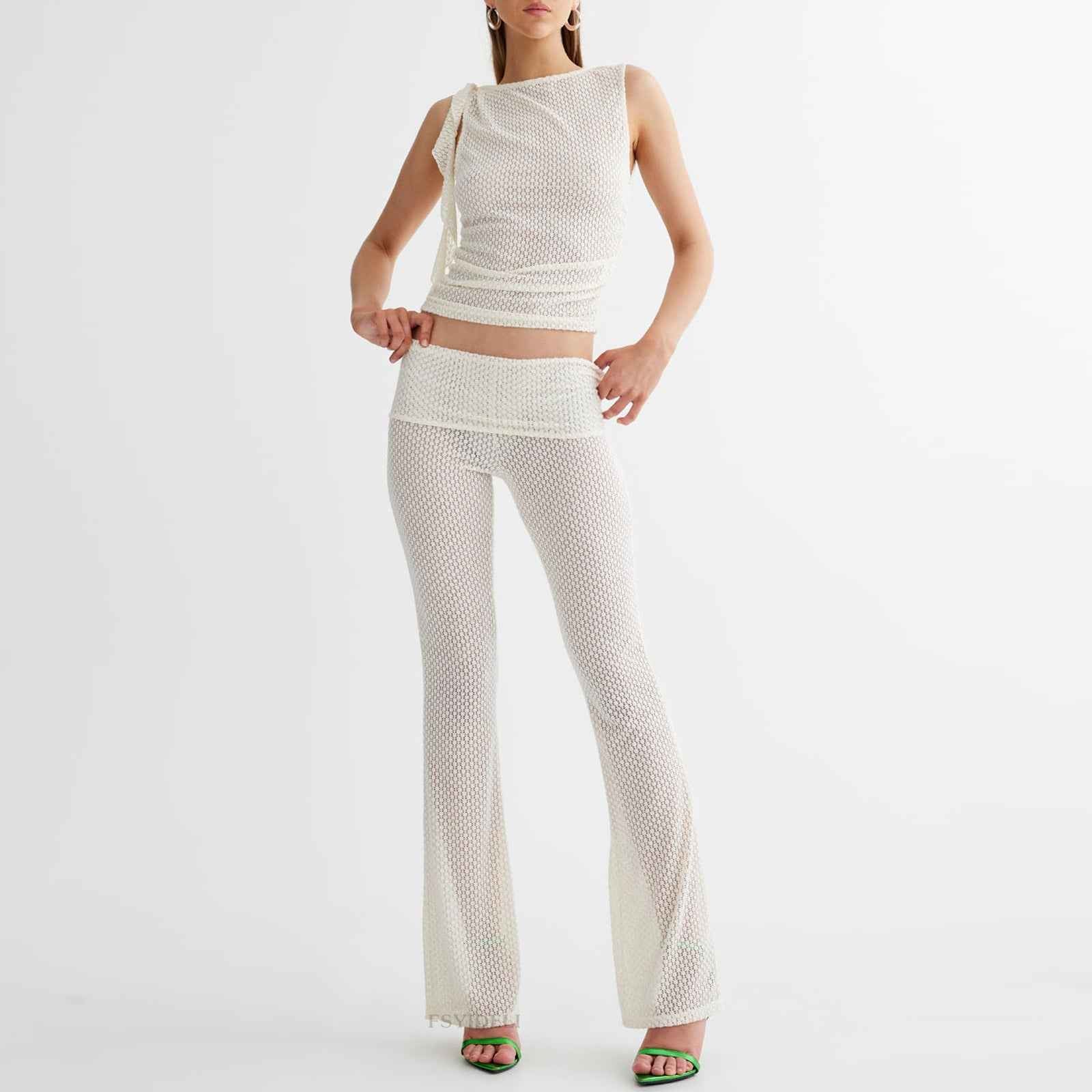 Elegant Vest Pants Hollow Out Cutout Sleeveless Vest Blouse Casual High Waist Trousers Two Piece Set