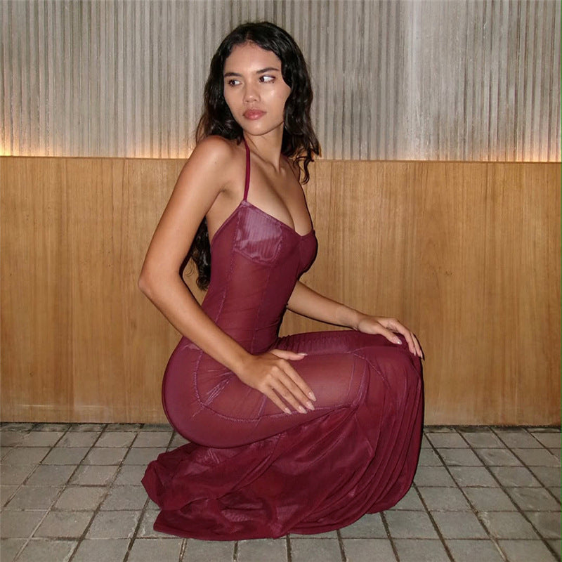 Women Clothing Spring Summer Sexy Mesh Solid Color See through Slim Halter Lace up Dress - ALZO