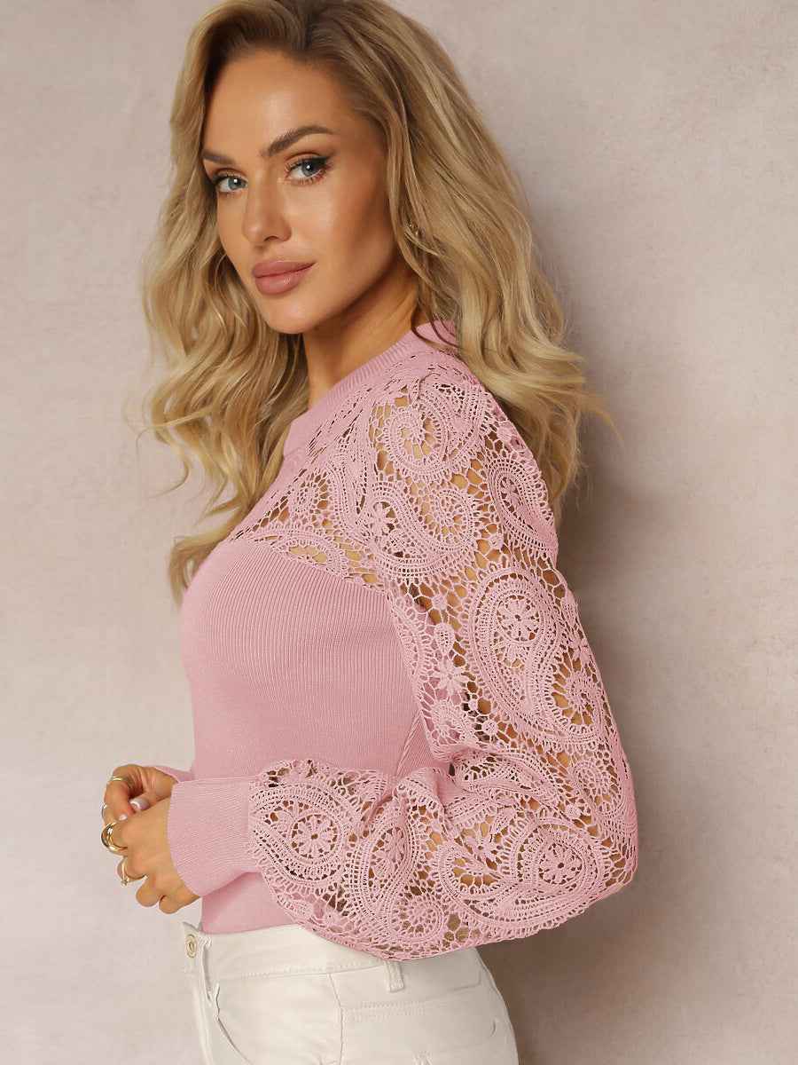 Patchwork Lace Women Commuting Wear High Grade Intellectual Hollow Out Cutout Out Long Sleeve Unique Chic T shirt