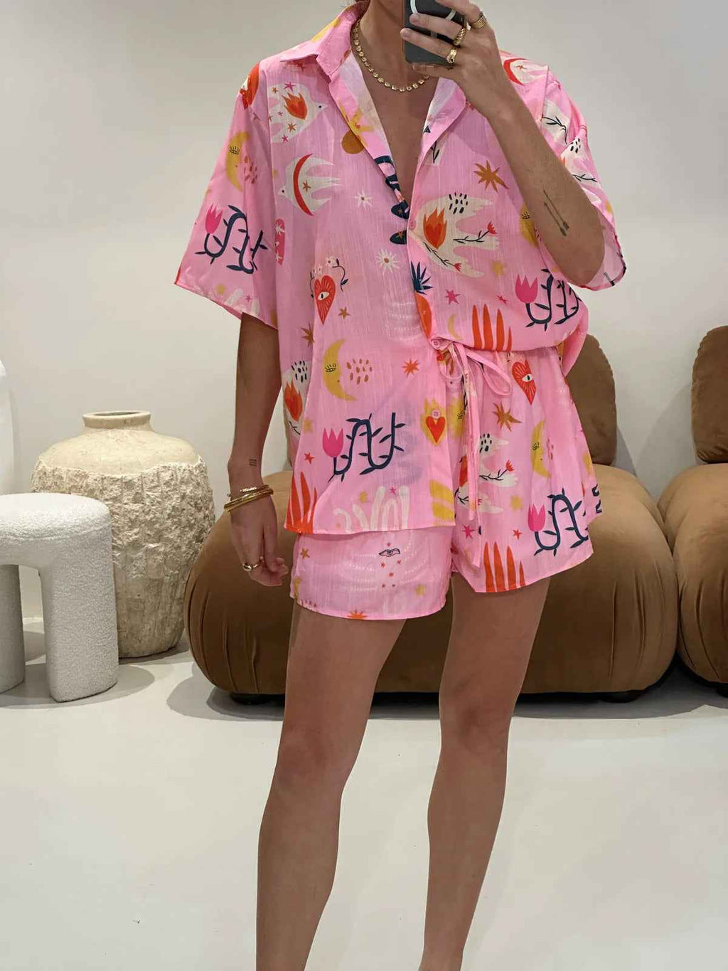 Spring Summer Women Clothing Printed Drawstring Loose Shirt Shorts Commuting Pants Two Piece Sets Women
