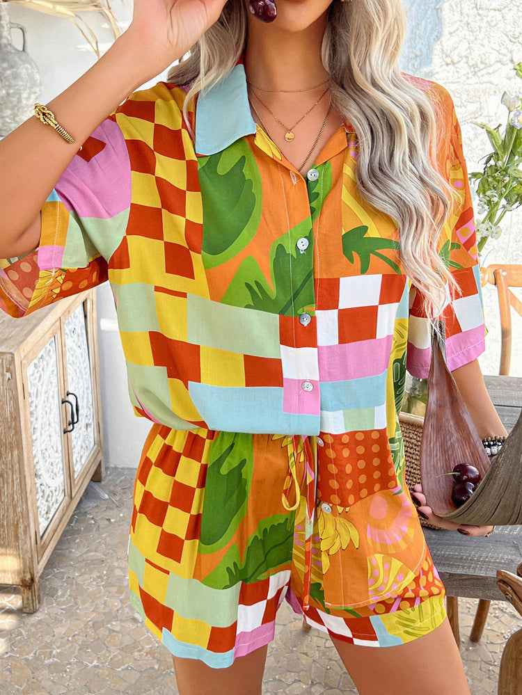 Spring Summer Casual Vacation Wind Floral Contrast Color Cardigan Short Blouse Pants
