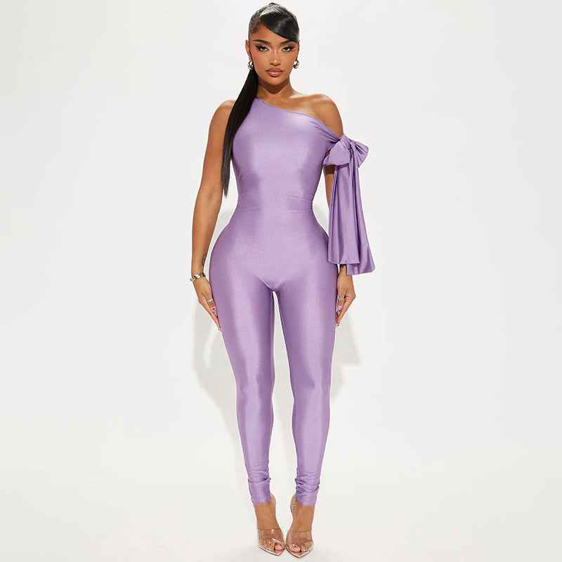 Women Clothing Summer One Shoulder Sexy Twisted Asymmetric Tight Jumpsuit