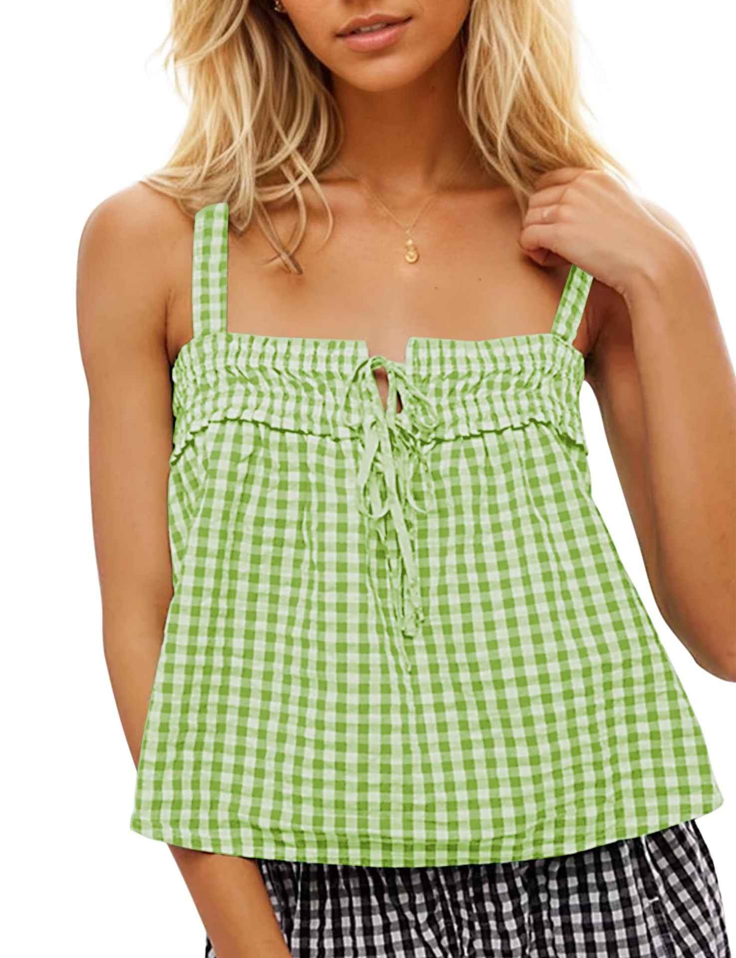 Summer Women Top Plaid Pleated Stitching Sexy Small Vest