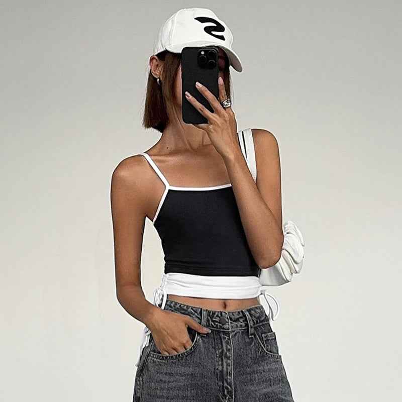 Sexy Sweet Spicy Contrast Color Pleated Sling Short Cropped Sexy Tight Slimming