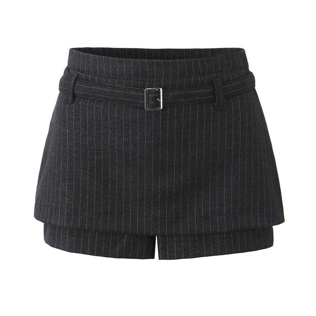Thin Striped Faux Two Pieces Culottes Women Autumn Retro Sexy Casual Double Layer A line Hip Wrapped Skirt - ALZO
