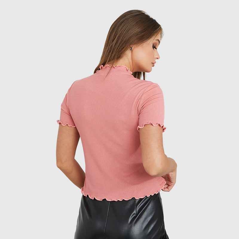 Women Clothing Women Short Sleeve Solid Color Turtleneck T Shirt Thread Sunken Stripe High Elastic Top