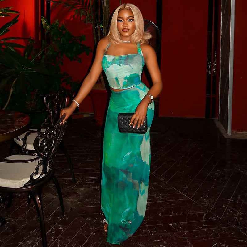 Printed Color Matching Skirt Set Sheath off the Shoulder Strap Dress Two Piece Set Fresh Fit Women Clothing