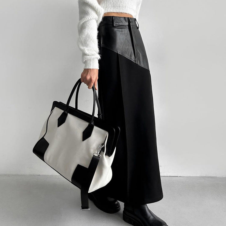 Women Clothing Retro Faux Leather Stitching Design Half Length Skirt Women Wild High Waist Slit Hip Skirt - ALZO