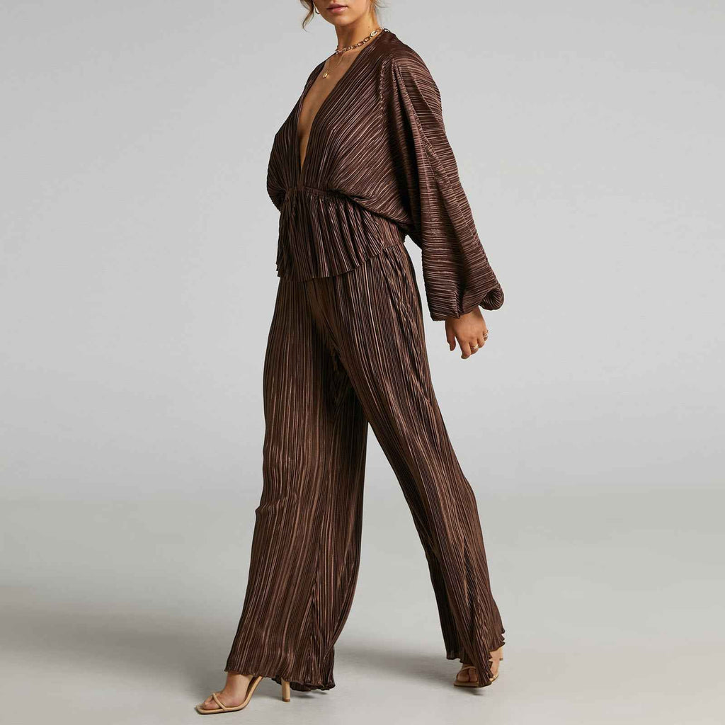 Women Clothing Set Autumn Winter High Elastic Pleated Waist Deep V Plunge Plunge Sexy Casual Wide Leg Pants Two Piece Set