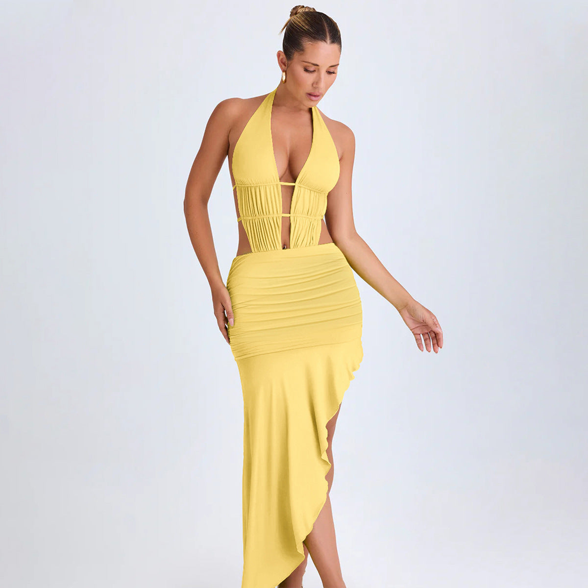 Irregular Asymmetric Women Pleated Tied Dress Autumn Winter Sexy Backless Hollow Out Cutout Hip Dress - ALZO