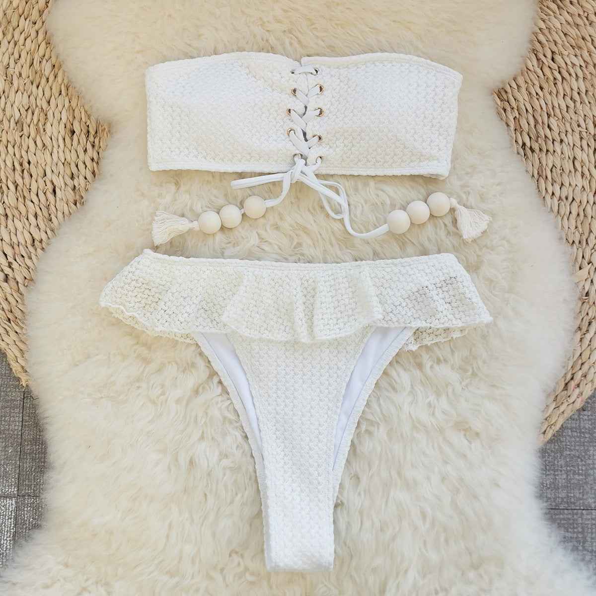Women Tube Top High Waist with Straps Split Swimsuit Ruffled Solid Color Thread Bikini