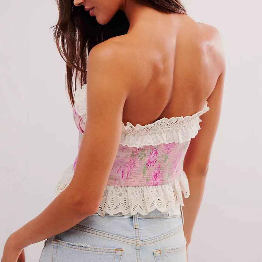 French Sexy Tied Slim Fit Lace Short Cropped Outfit Tube Top