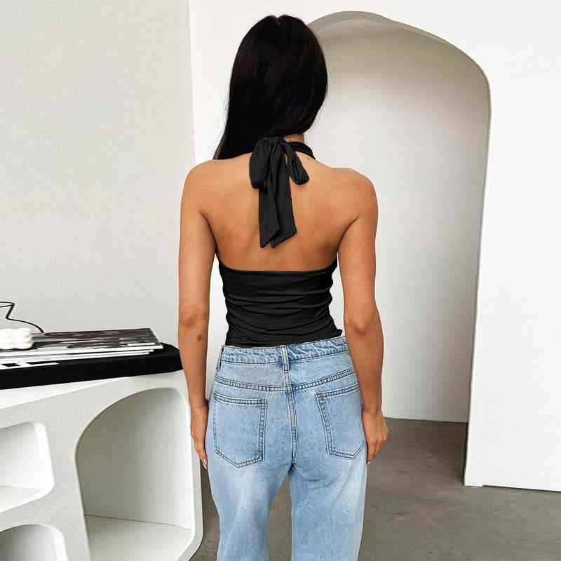 Collar Solid Color Slimming Halter Lace up Camisole Women Sexy Top