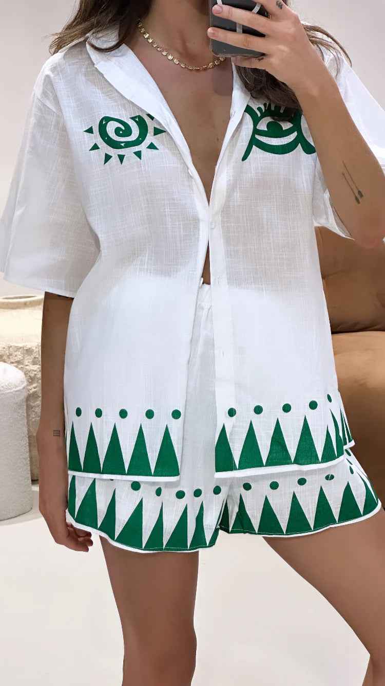 Spring Summer Women Clothing Printed Drawstring Loose Shirt Shorts Commuting Pants Two Piece Sets Women