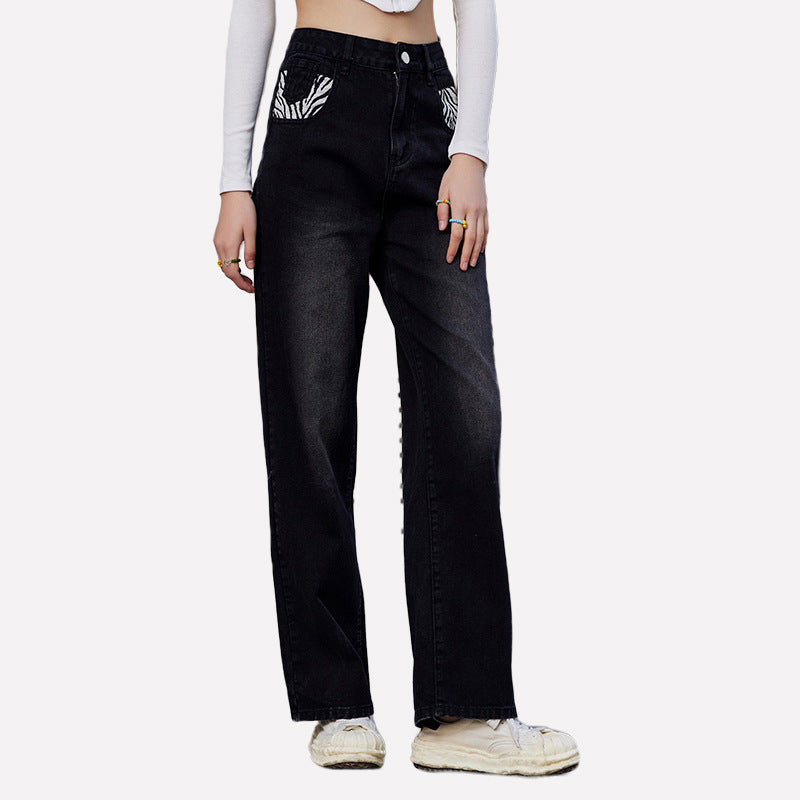 Jeans Women Zebra Pattern Contrast Color Loose Denim Trousers Jeans - ALZO