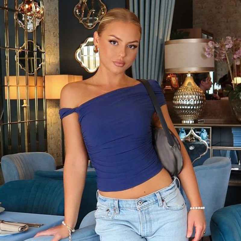 Women Clothing Summer Sexy One Shoulder Cold Shoulder Twist Design Pleated Slim T shirt