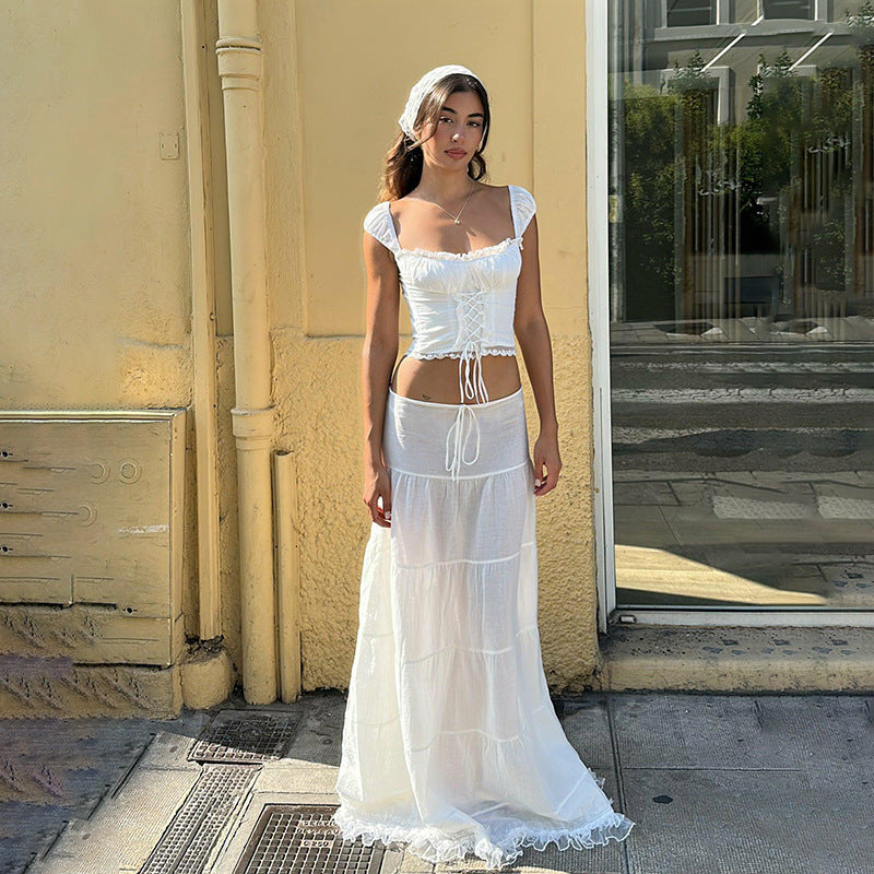 Summer Women Clothing French Square Collar Sling Top with Lace Stitching Skirt Vacation Suit Women - ALZO