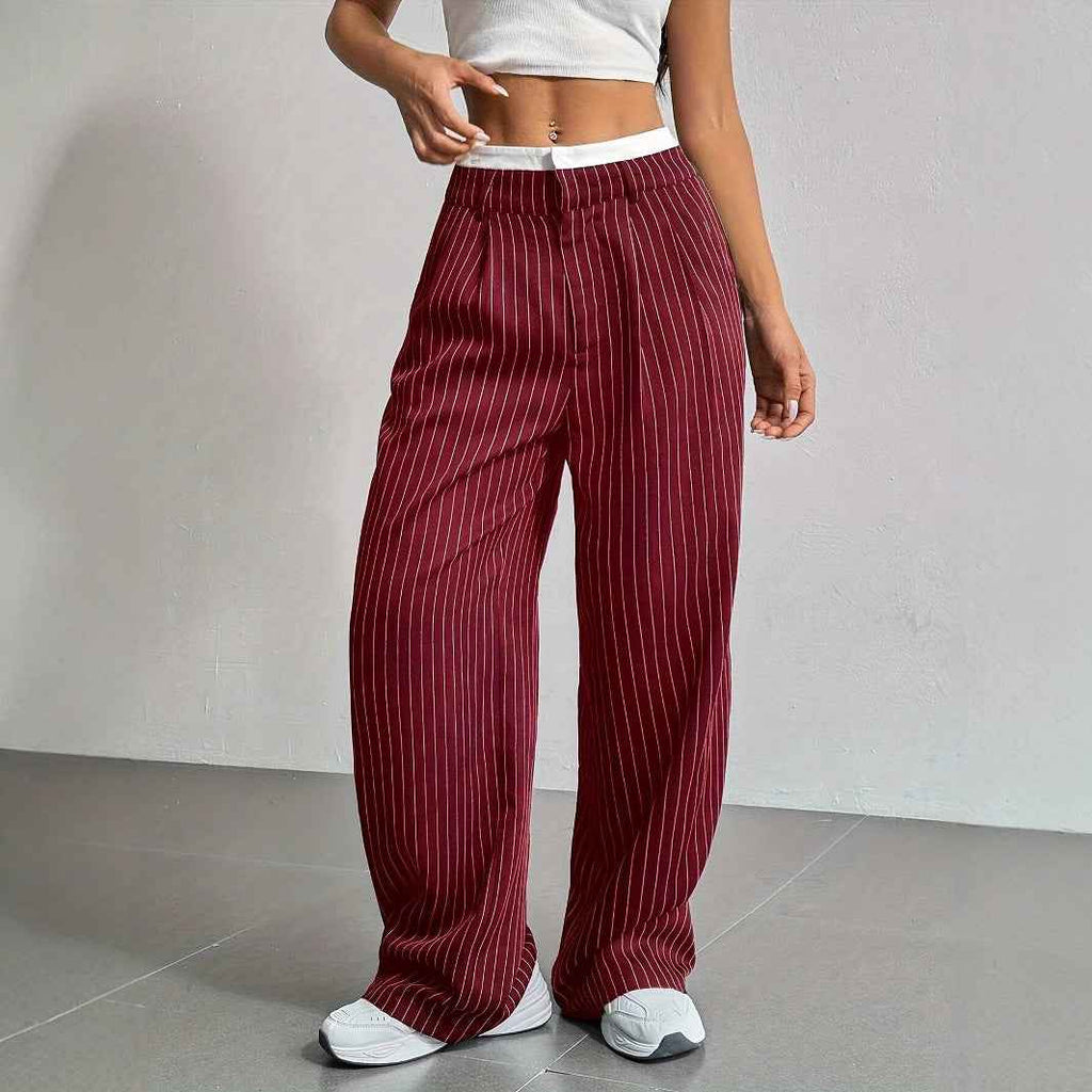 Autumn Winter Casual High Waist Stitching Work Pant Simple Loose Drooping Straight Leg Pants