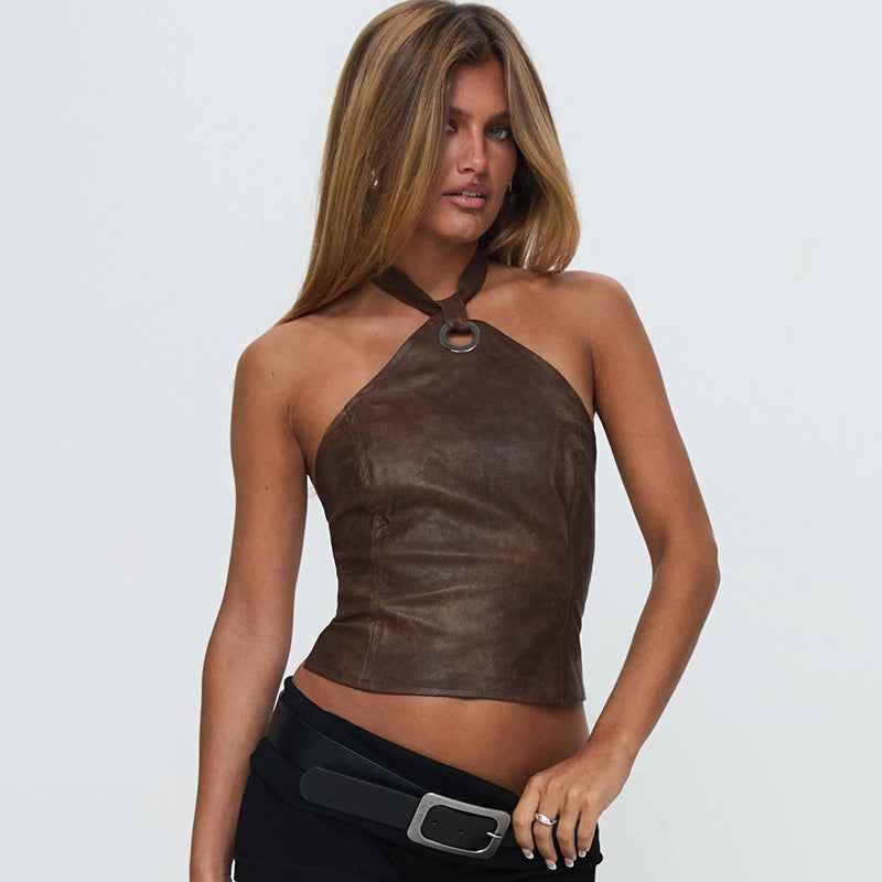 Women Clothing Vintage Brown Leather Ring Decoration Halterneck Vest Waist-Controlled Backless Lace up Top
