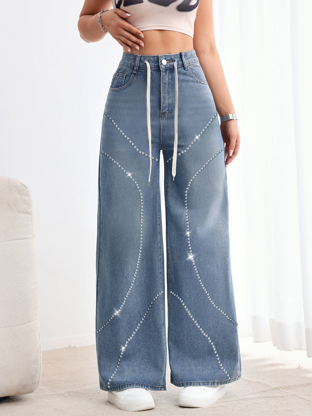 Rhinestone Beaded Heavy Industry Street Sexy High Waist Straight Leg Denim Trousers Jeans - ALZO